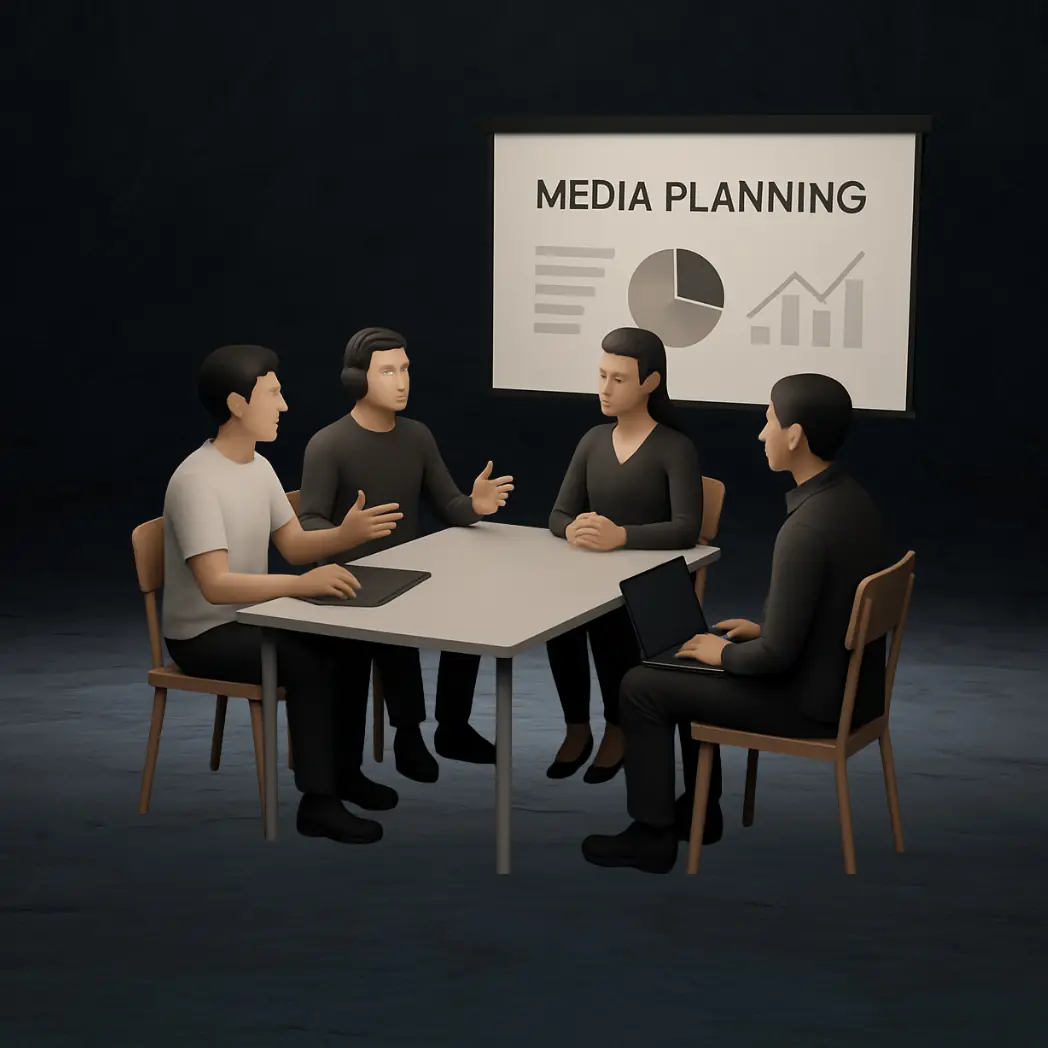 Team bei der Mediaplanung im Meeting – Media Beratung