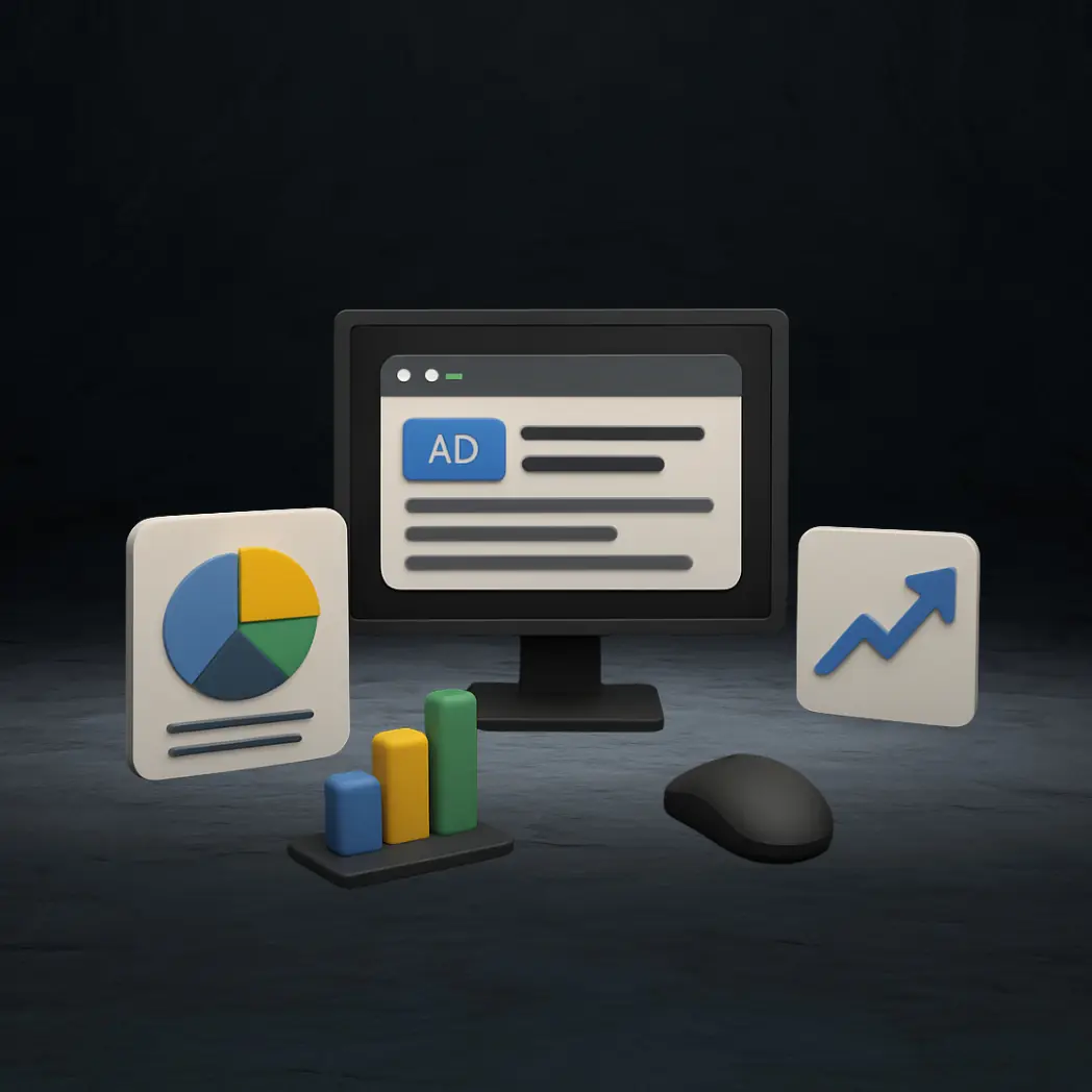 3D-Illustration Monitor mit Dashboards – Werbung und Performance