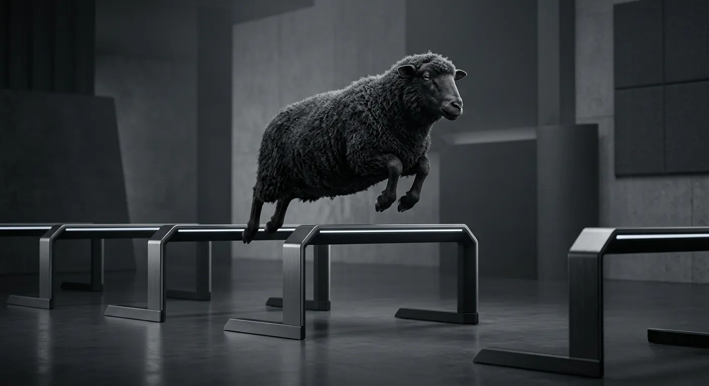 Schwarzes Schaf springt dynamisch über eine minimalistische Hürde auf einer professionellen Sportbahn im Studio.