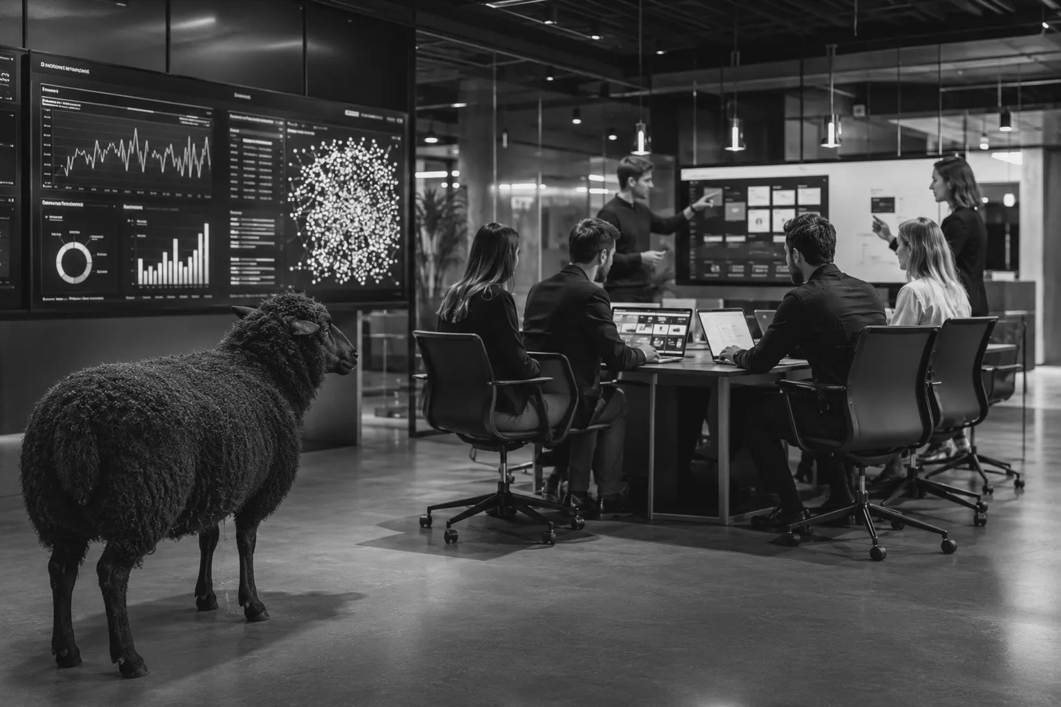 Ein realistisches schwarzes Schaf beobachtet ein Marketingteam in einem modernen Büro, das mit KI-gestützten Systemen Kampagnen, Daten und Kundenprozesse analysiert. Im Hintergrund zeigen digitale Arbeitsflächen strukturierte Marketingabläufe ohne lesbare Texte.