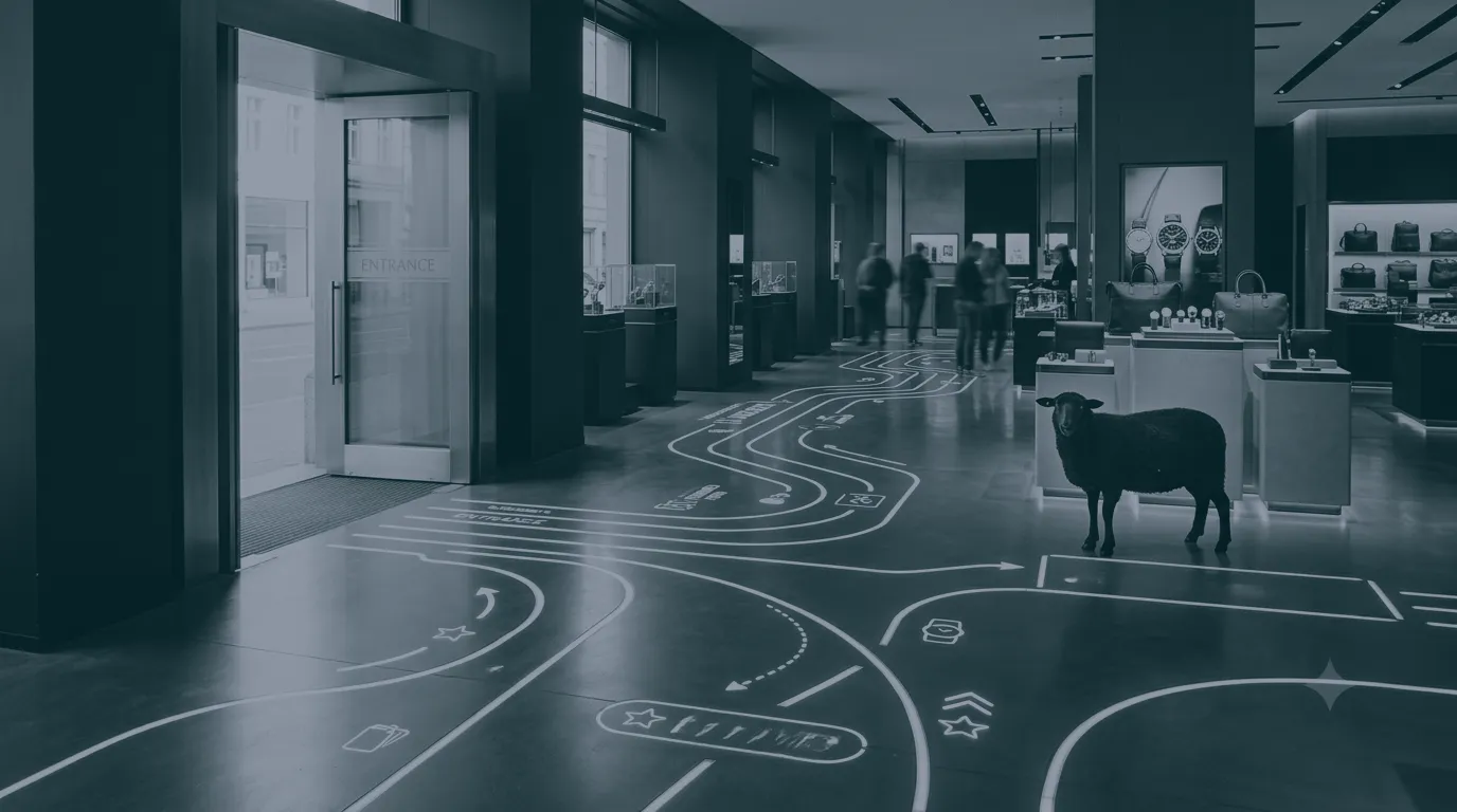 Schwarzes Schaf bewegt sich entlang eines markierten Pfades durch einen Laden und visualisiert die digitale Customer Journey.