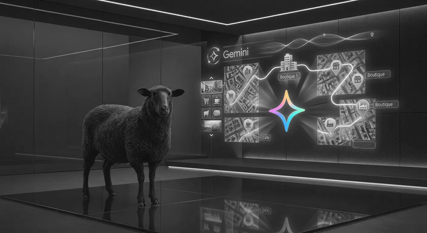 Ein schwarzes Schaf blickt auf ein großes Display mit einer Ask-Maps-Oberfläche und einem Gemini-Branding in einem modernen Studio.